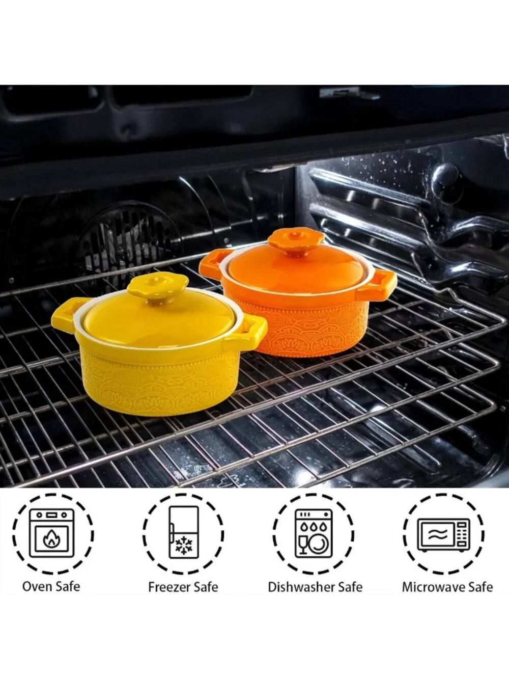 Set of 6 Mini Cocotte Ramekins with Lids - Oven Safe Ceramic Casserole Dishes, 8